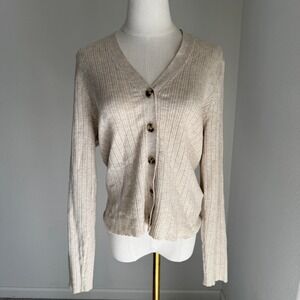 Madewell Pointelle Ribbed V-Neck Cardigan Sweater Beige Merino Wool Blend Large